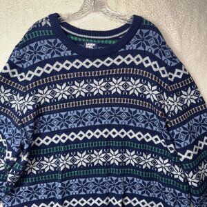 Lands' End Sweater Mens 2XL Tall Blue Green Wool Blend Knit Pullover Fair Isle